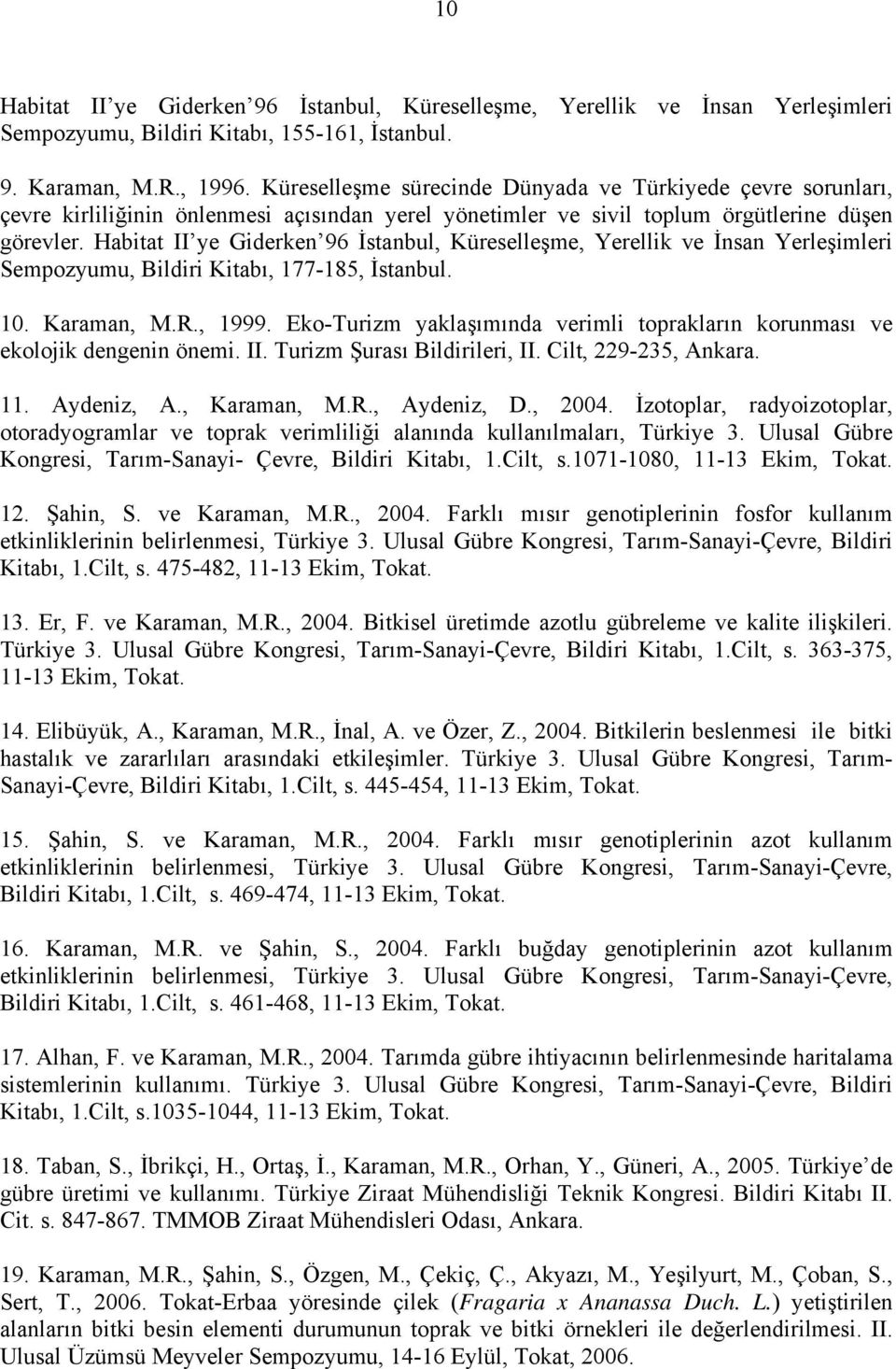 Habitat II ye Giderken 96 İstanbul, Küreselleşme, Yerellik ve İnsan Yerleşimleri Sempozyumu, Bildiri Kitabı, 177-185, İstanbul. 10. Karaman, M.R., 1999.
