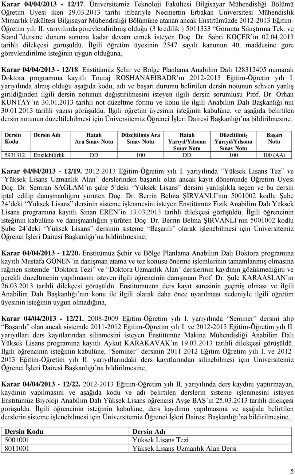 yarıyılında görevlendirilmiş olduğu (3 kredilik ) 5011333 Görüntü Sıkıştırma Tek. ve Stand. dersine dönem sonuna kadar devam etmek isteyen Doç. Dr. Sabri KOÇER in 02.04.