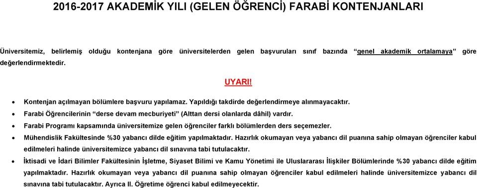 Farabi Öğrencilerinin derse devam mecburiyeti (Alttan dersi olanlarda dâhil) vardır. Farabi Programı kapsamında üniversitemize gelen öğrenciler farklı bölümlerden ders seçemezler.