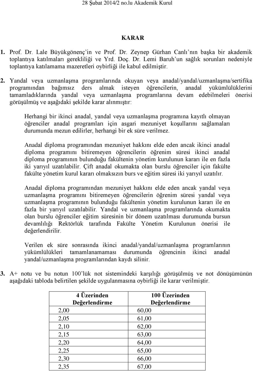 uzmanlaşma programlarına devam edebilmeleri önerisi görüşülmüş ve aşağıdaki şekilde karar alınmıştır: Herhangi bir ikinci anadal, yandal veya uzmanlaşma programına kayıtlı olmayan öğrenciler anadal