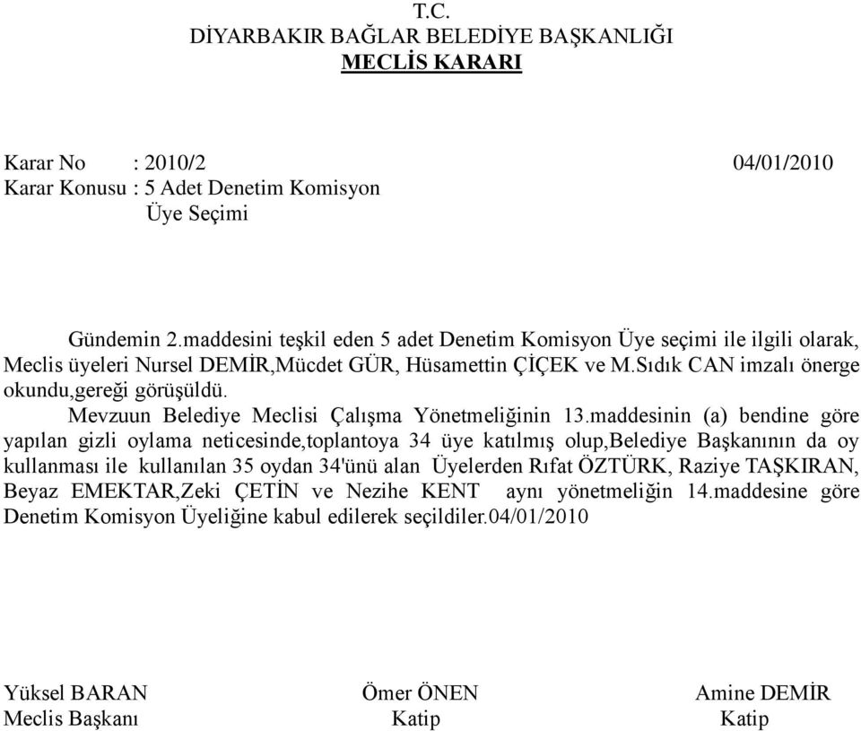 Sıdık CAN imzalı önerge okundu,gereği görüşüldü. Mevzuun Belediye Meclisi Çalışma Yönetmeliğinin 13.