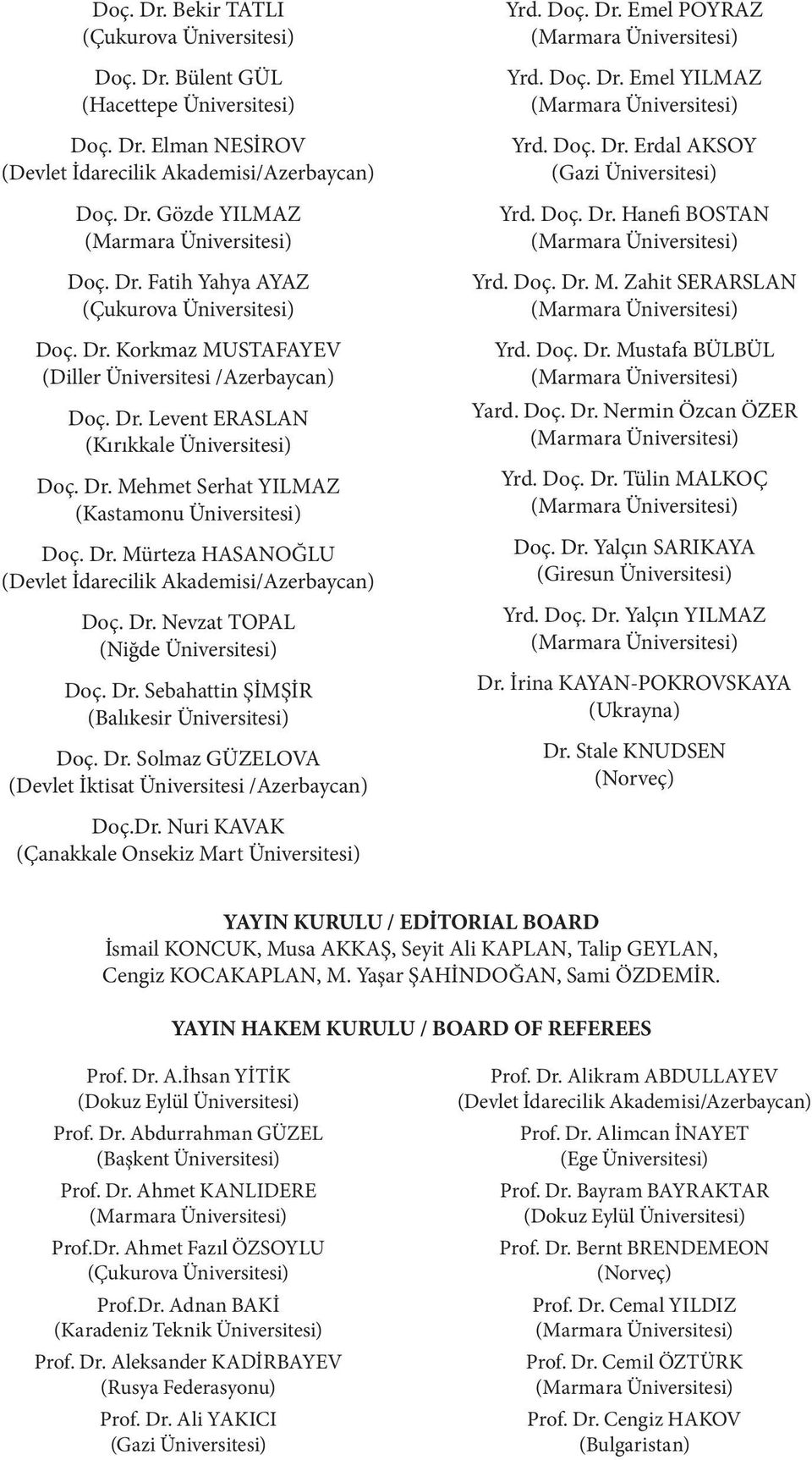 Dr. Mürteza HASANOĞLU (Devlet İdarecilik Akademisi/Azerbaycan) Doç. Dr. Nevzat TOPAL (Niğde Üniversitesi) Doç. Dr. Sebahattin ŞİMŞİR (Balıkesir Üniversitesi) Doç. Dr. Solmaz GÜZELOVA (Devlet İktisat Üniversitesi /Azerbaycan) Yrd.