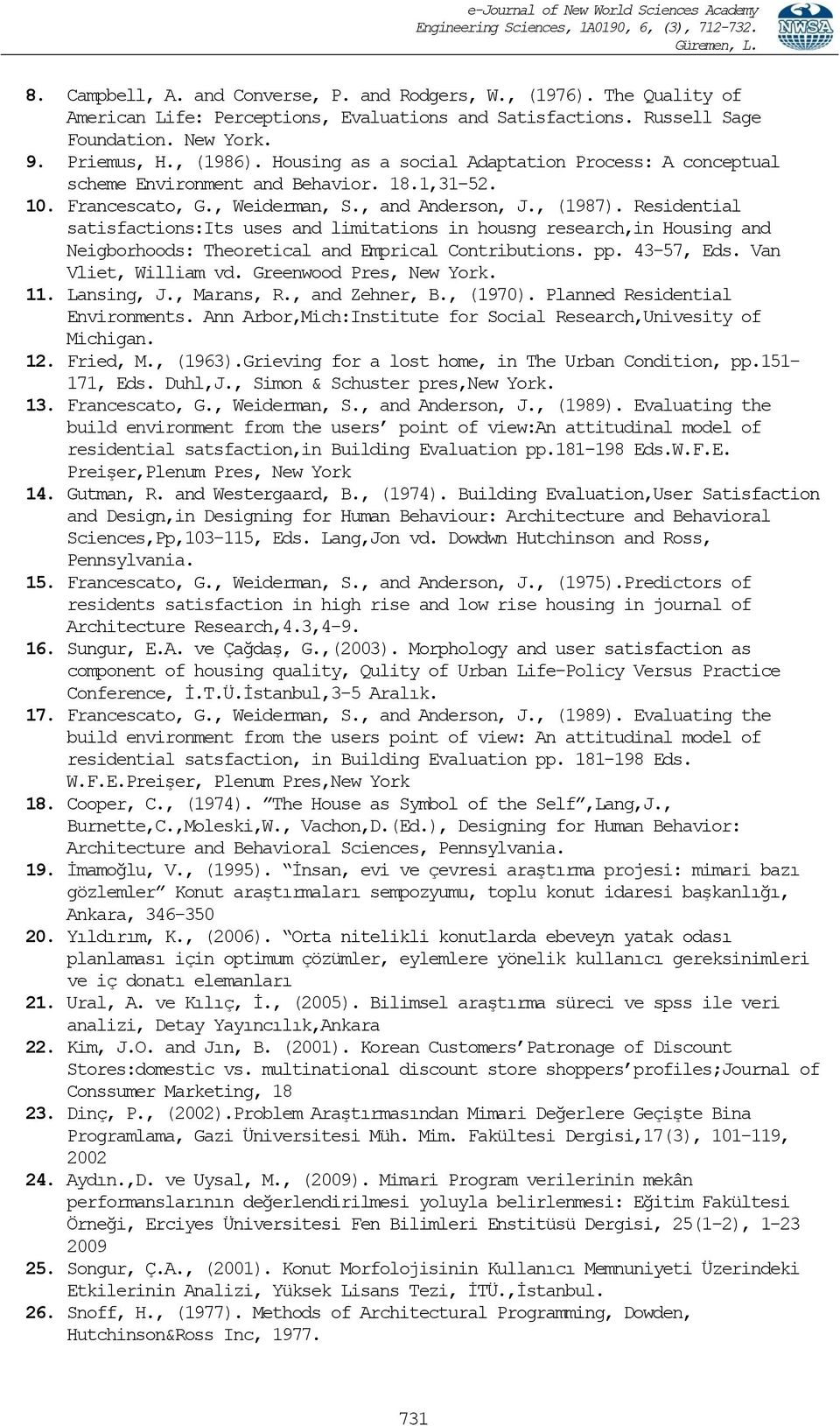 Residential satisfactions:its uses and limitations in housng research,in Housing and Neigborhoods: Theoretical and Emprical Contributions. pp. 43-57, Eds. Van Vliet, William vd.