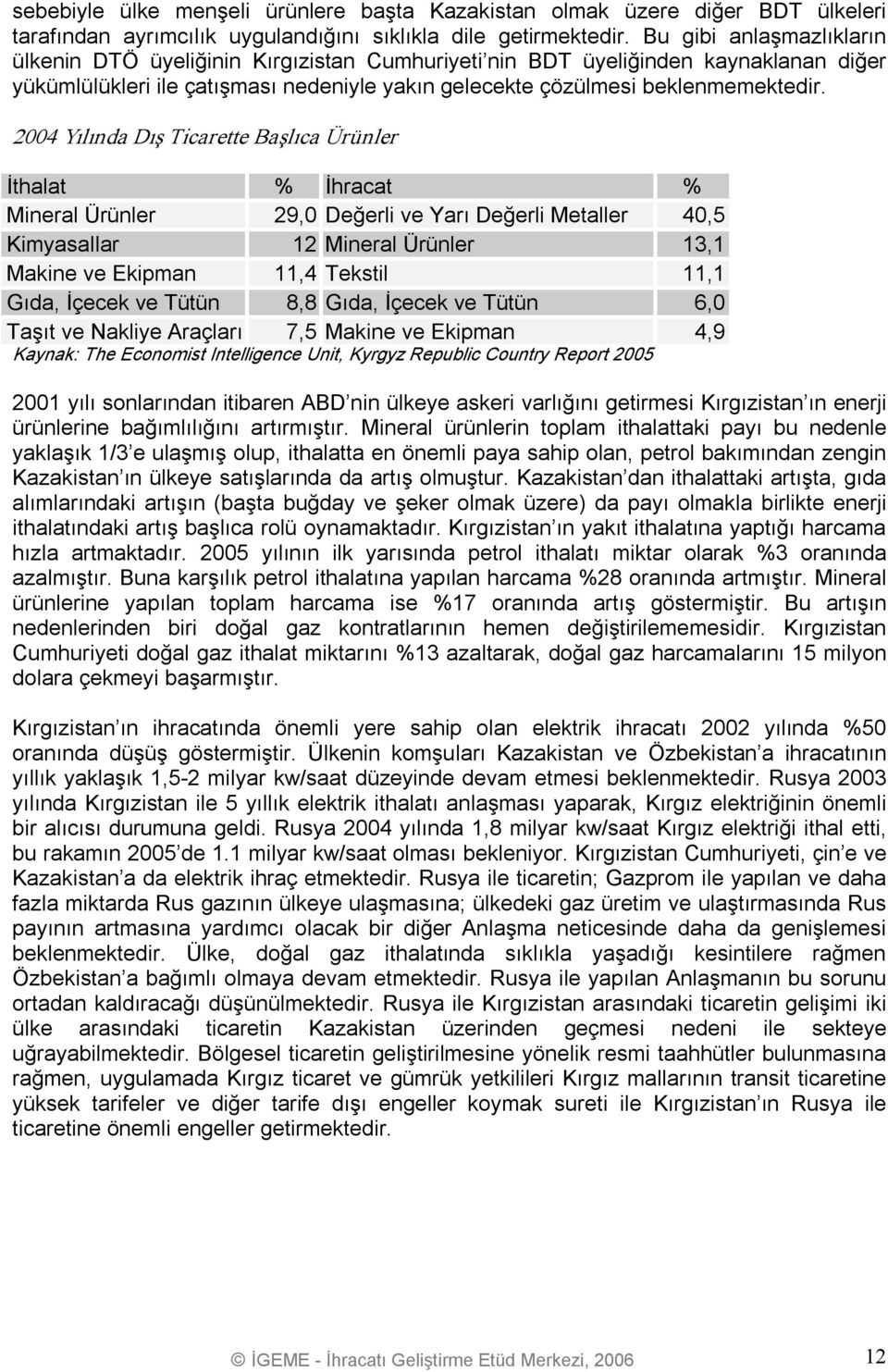 2004 Yılında Dış Ticarette Başlıca Ürünler İthalat % İhracat % Mineral Ürünler 29,0 Değerli ve Yarı Değerli Metaller 40,5 Kimyasallar 12 Mineral Ürünler 13,1 Makine ve Ekipman 11,4 Tekstil 11,1 Gıda,