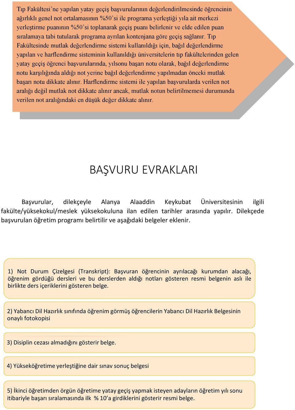 Tıp Fakültesinde mutlak değerlendirme sistemi kullanıldığı için, bağıl değerlendirme yapılan ve harflendirme sisteminin kullanıldığı üniversitelerin tıp fakültelerinden gelen yatay geçiş öğrenci