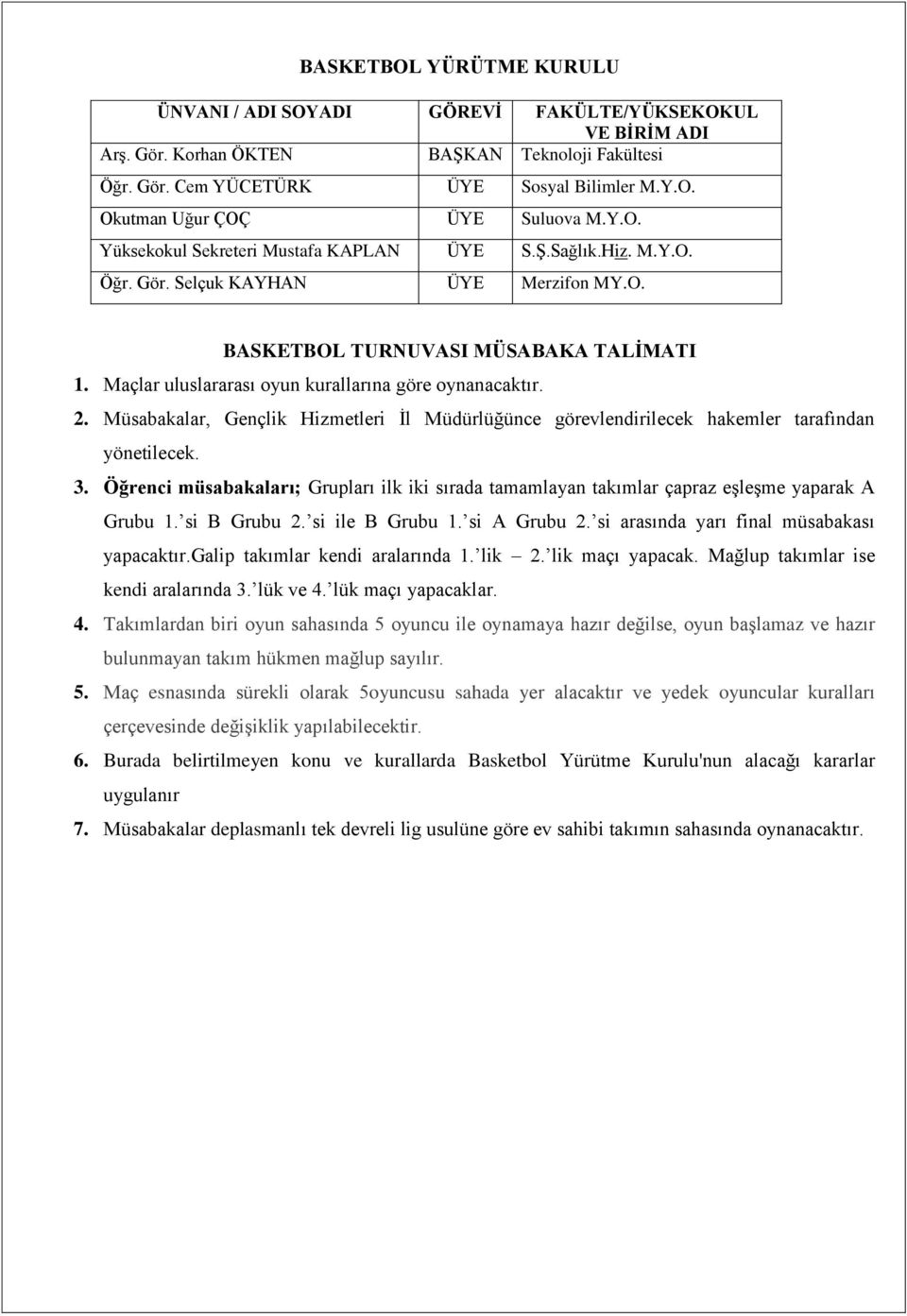 Maçlar uluslararası oyun kurallarına göre oynanacaktır. 2. Müsabakalar, Gençlik Hizmetleri İl Müdürlüğünce görevlendirilecek hakemler tarafından yönetilecek. 3.