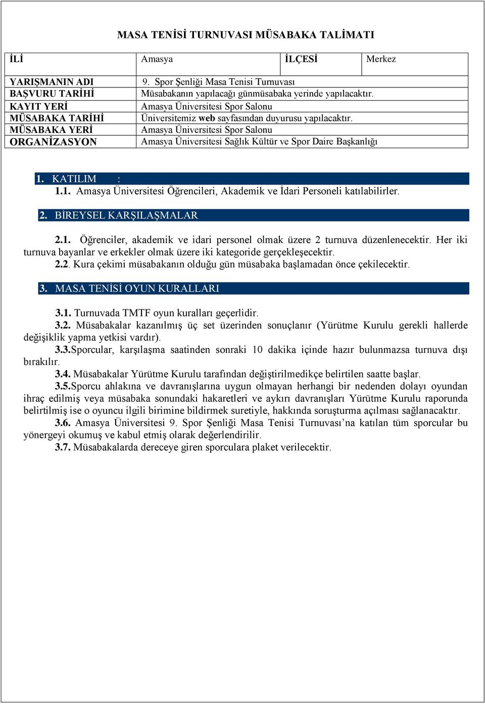 Amasya Üniversitesi Spor Salonu Amasya Üniversitesi Sağlık Kültür ve Spor Daire Başkanlığı 1. KATILIM : 1.1. Amasya Üniversitesi Öğrencileri, Akademik ve İdari Personeli katılabilirler. 2.