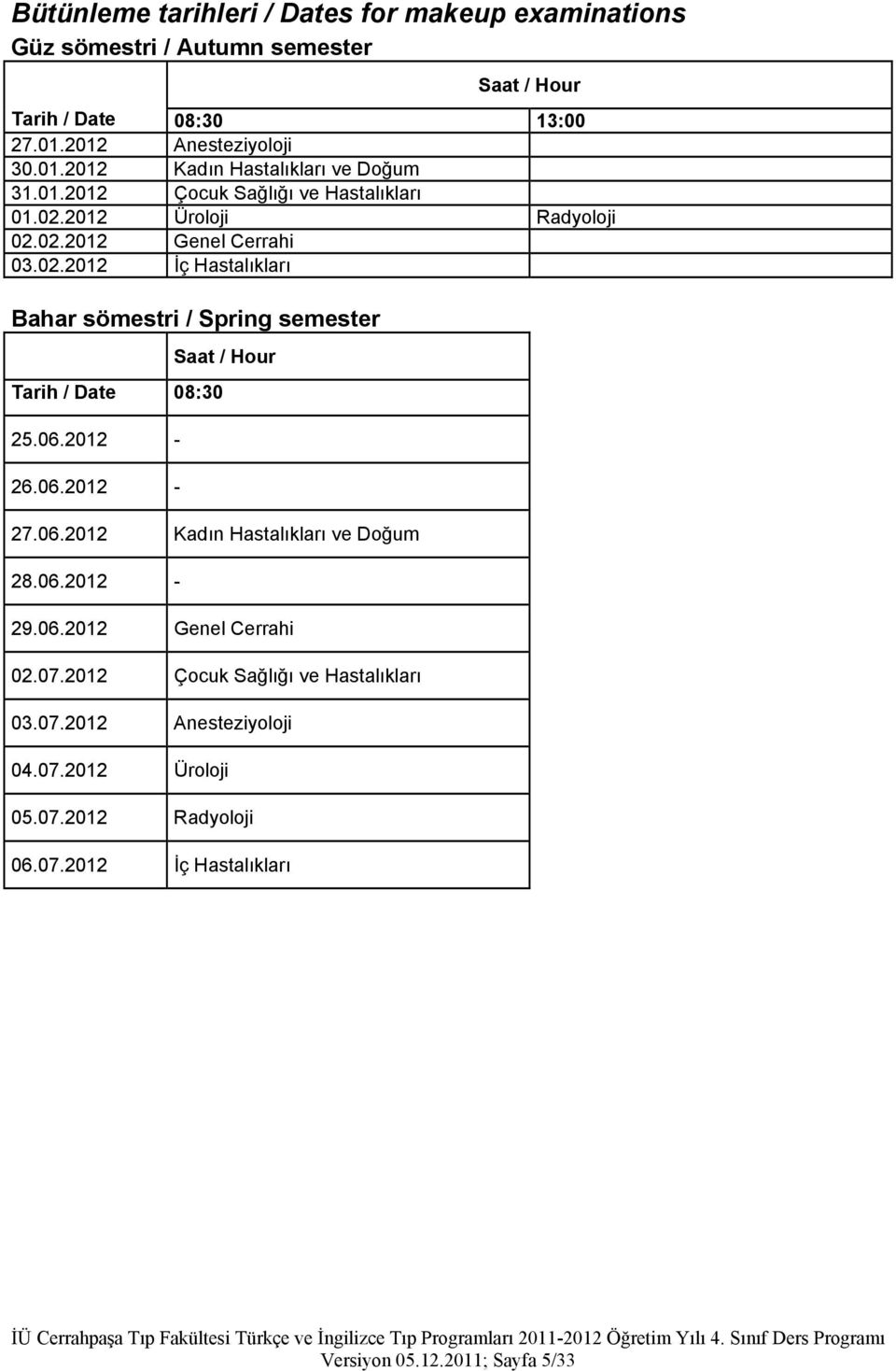 02.2012 İç Hastalıkları Bahar sömestri / Spring semester Tarih / Date 08:30 25.06.2012-26.06.2012 - Saat / Hour 27.06.2012 Kadın Hastalıkları ve Doğum 28.06.2012-29.