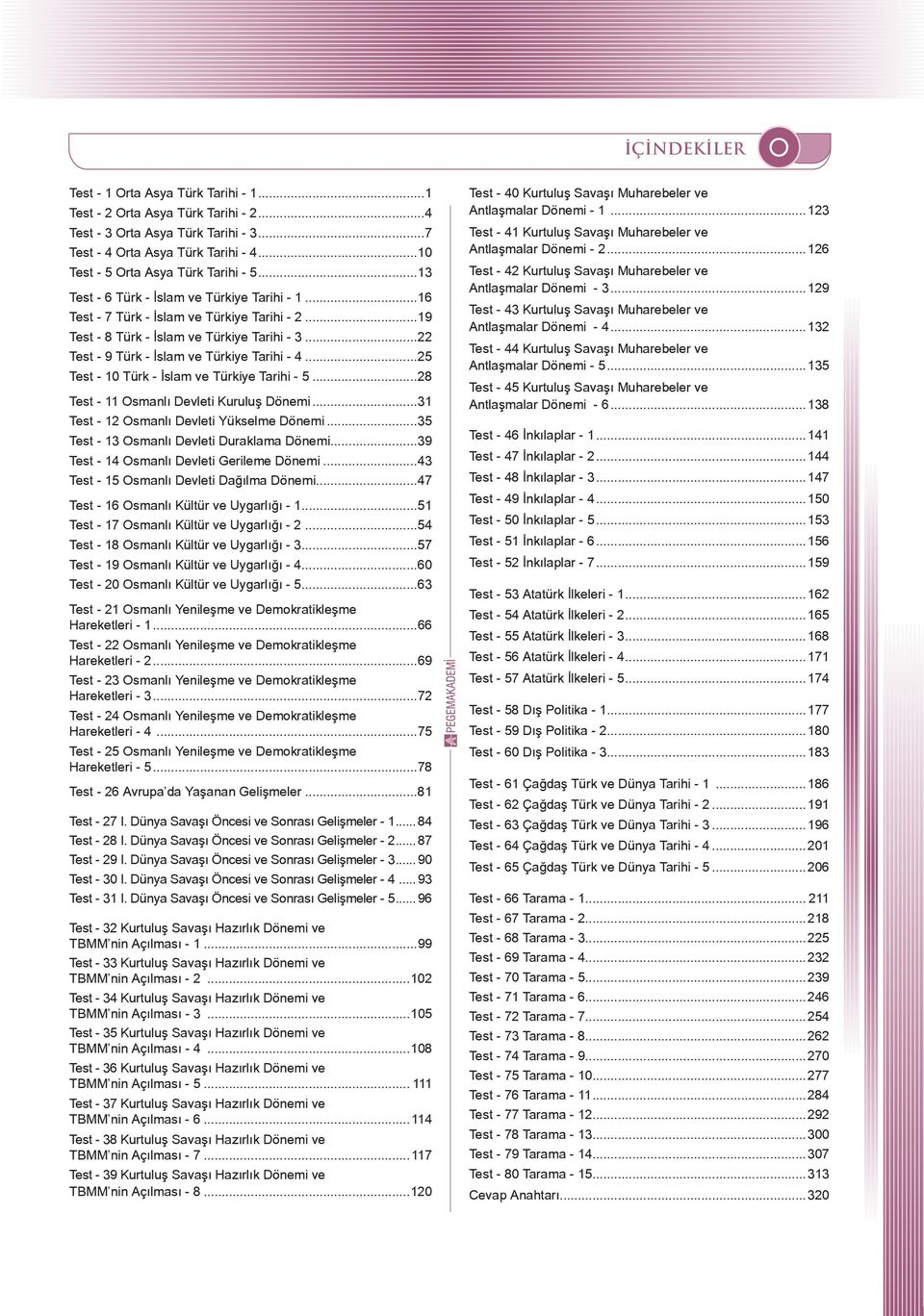 ..22 Test - 9 Türk - İslam ve Türkiye Tarihi - 4...25 Test - 10 Türk - İslam ve Türkiye Tarihi - 5...28 Test - 11 Osmanlı Devleti Kuruluş Dönemi...31 Test - 12 Osmanlı Devleti Yükselme Dönemi.