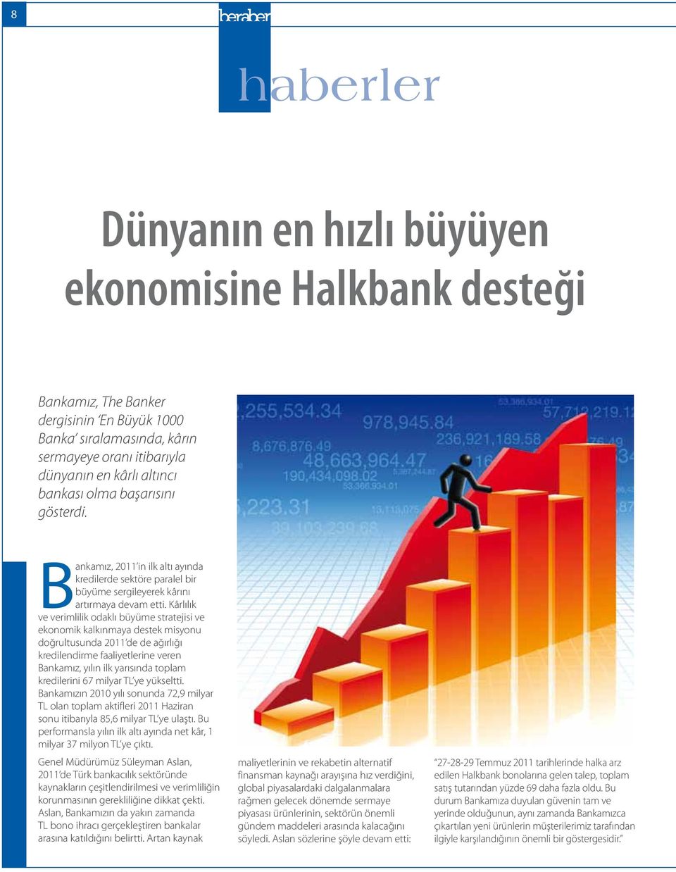 Kârlılık ve verimlilik odaklı büyüme stratejisi ve ekonomik kalkınmaya destek misyonu doğrultusunda 2011 de de ağırlığı kredilendirme faaliyetlerine veren Bankamız, yılın ilk yarısında toplam