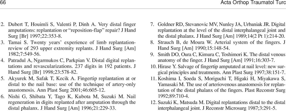 Distal digital replantations and revascularizations. 237 digits in 192 patients. J Hand Surg [Br] 1998;23:578-82. 5. Akyurek M, Safak T, Kecik A.