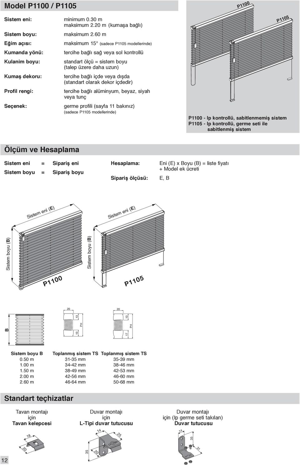 siyah veya tunç germe profili (sayfa 11 bakınız) (sadece P1105 modellerinde) P1105 P1100 - Ip kontrollü, sabitlenmemiş sistem P1105 - Ip kontrollü, germe seti ile sabitlenmiş sistem Sistem eni =