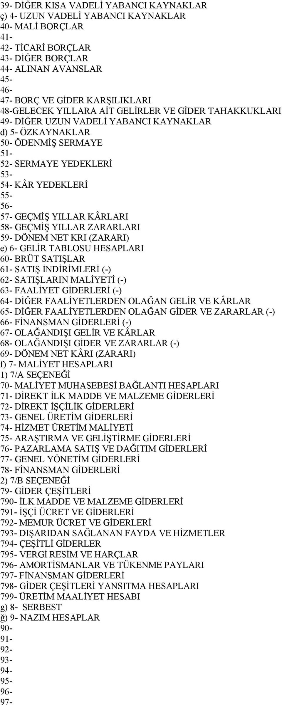 YILLAR KÂRLARI 58- GEÇMİŞ YILLAR ZARARLARI 59- DÖNEM NET KRI (ZARARI) e) 6- GELİR TABLOSU HESAPLARI 60- BRÜT SATIŞLAR 61- SATIŞ İNDİRİMLERİ (-) 62- SATIŞLARIN MALİYETİ (-) 63- FAALİYET GİDERLERİ (-)