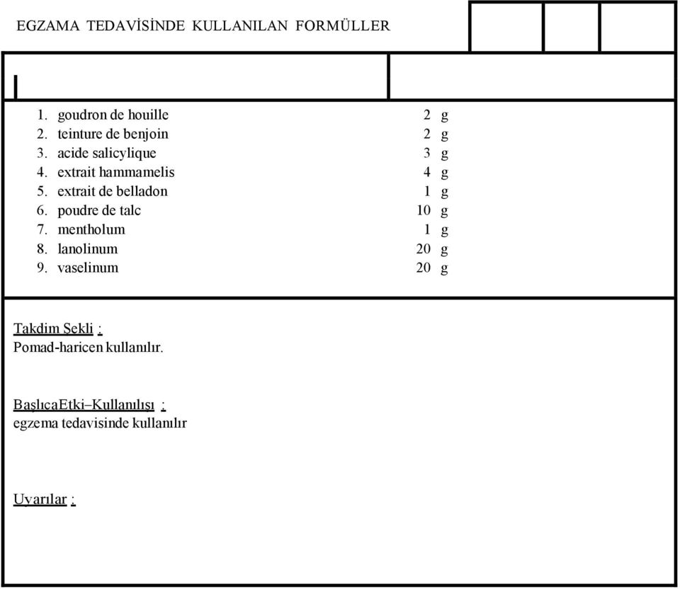 extrait hammamelis 4 g 5. extrait de belladon 1 g 6. poudre de talc 10 g 7.