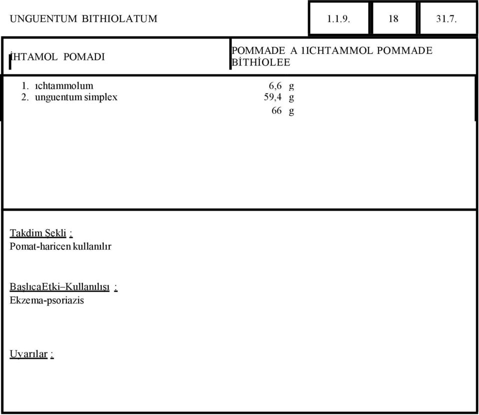 POMMADE BİTHİOLEE 1. ıchtammolum 6,6 g 2.