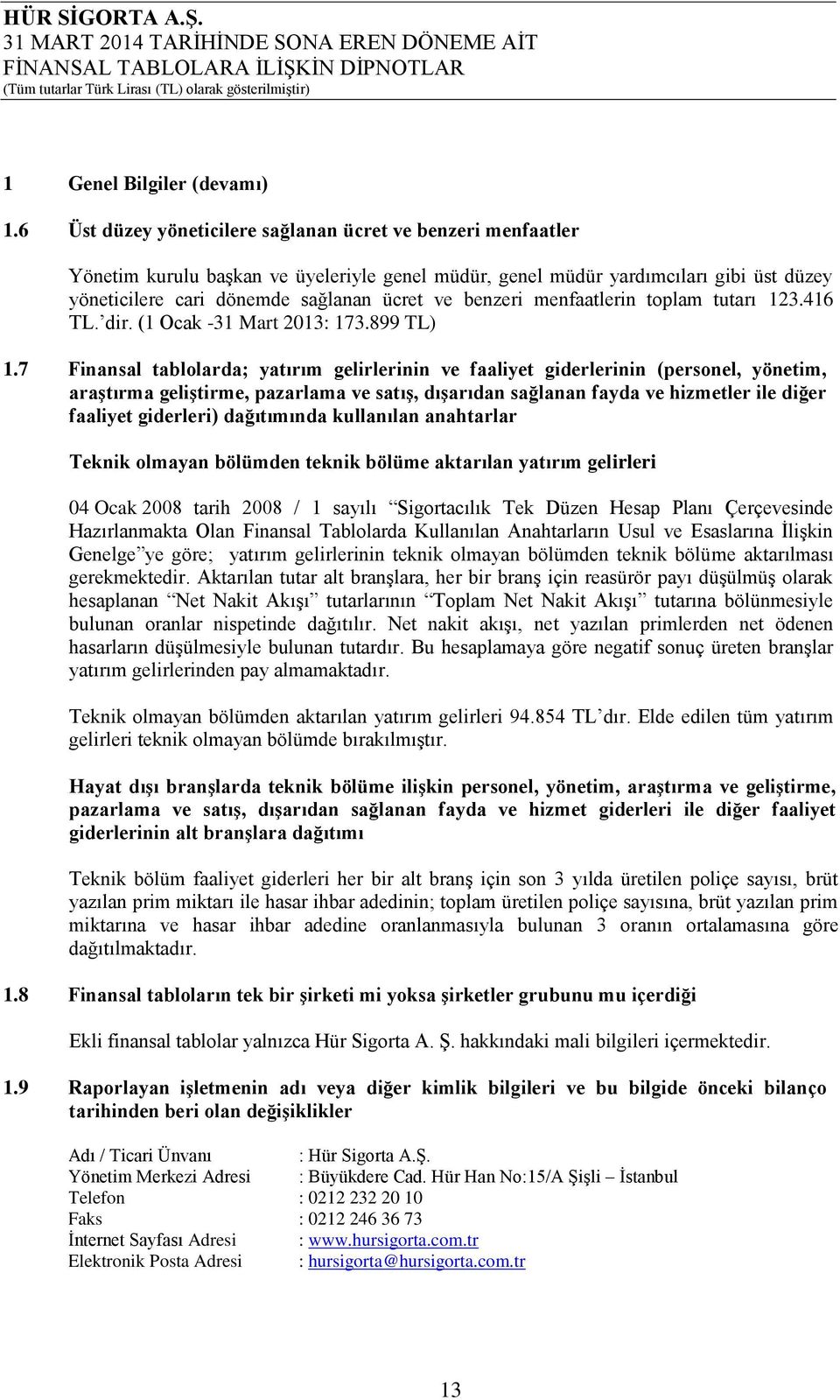 benzeri menfaatlerin toplam tutarı 123.416 TL. dir. (1 Ocak -31 Mart 2013: 173.899 TL) 1.