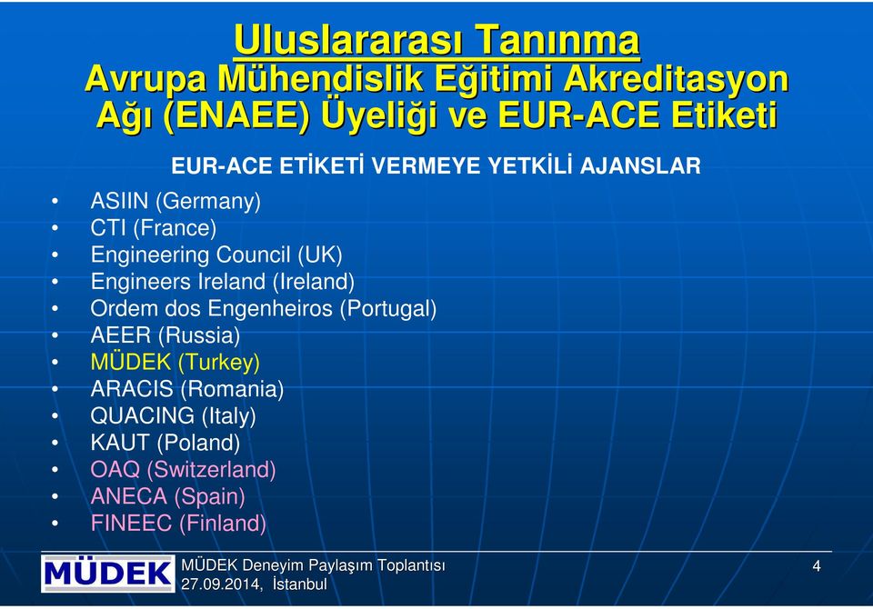 Council (UK) Engineers Ireland (Ireland) Ordem dos Engenheiros (Portugal) AEER (Russia) MÜDEK