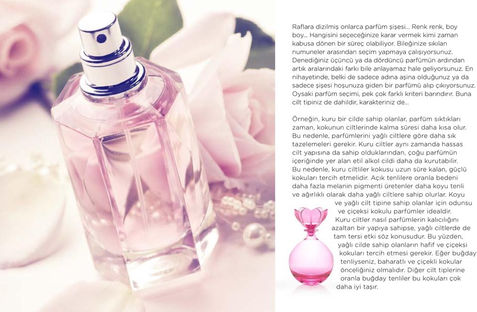 En nihayetinde, belki de sadece adına aşina olduğunuz ya da sadece şişesi hoşunuza giden bir parfümü alıp çıkıyorsunuz. Oysaki parfüm seçimi, pek çok farklı kriteri barındırır.