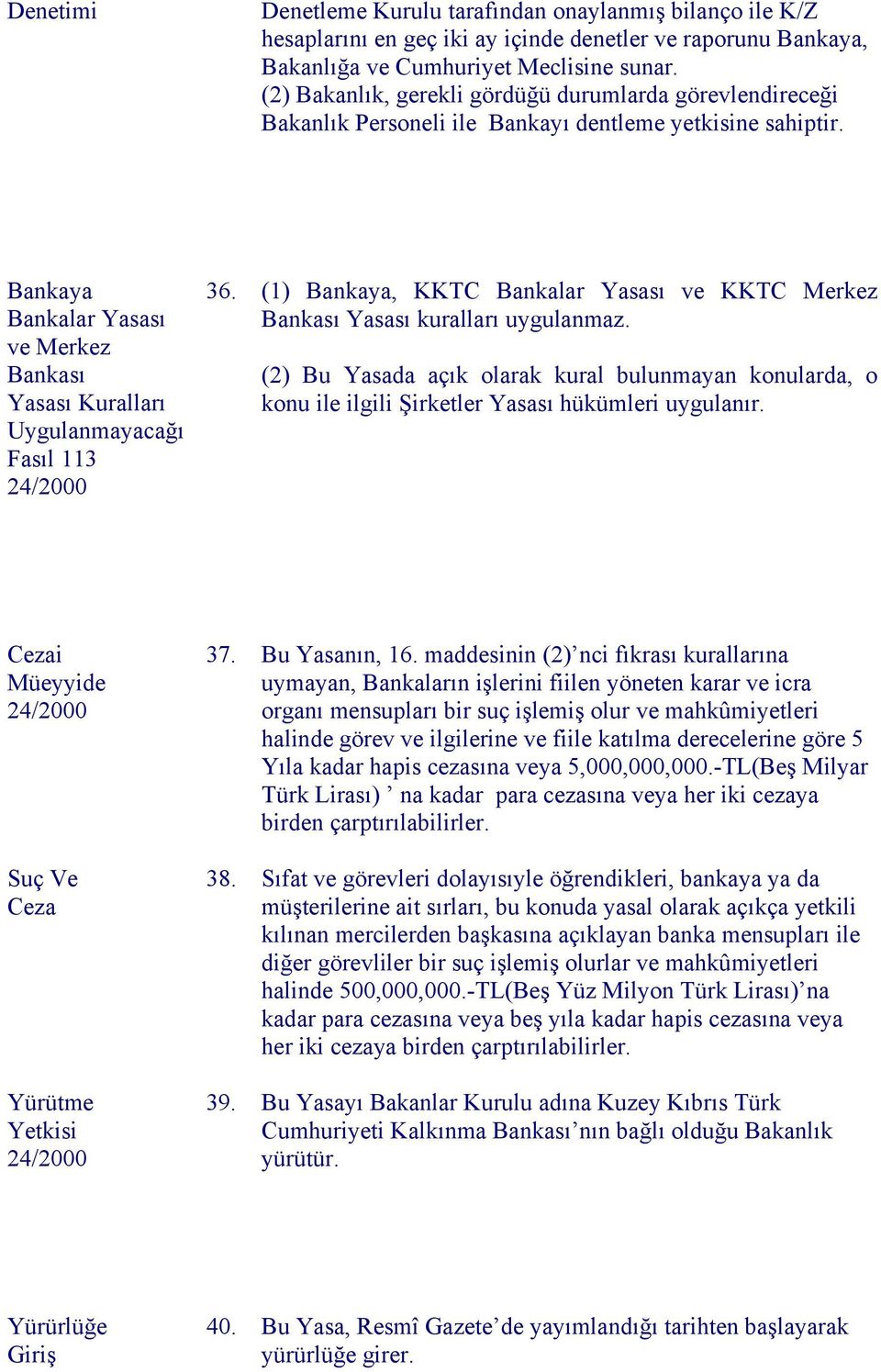 Bankaya Bankalar Yasası ve Merkez Bankası Yasası Kuralları Uygulanmayacağı Fasıl 113 24/2000 36. (1) Bankaya, KKTC Bankalar Yasası ve KKTC Merkez Bankası Yasası kuralları uygulanmaz.