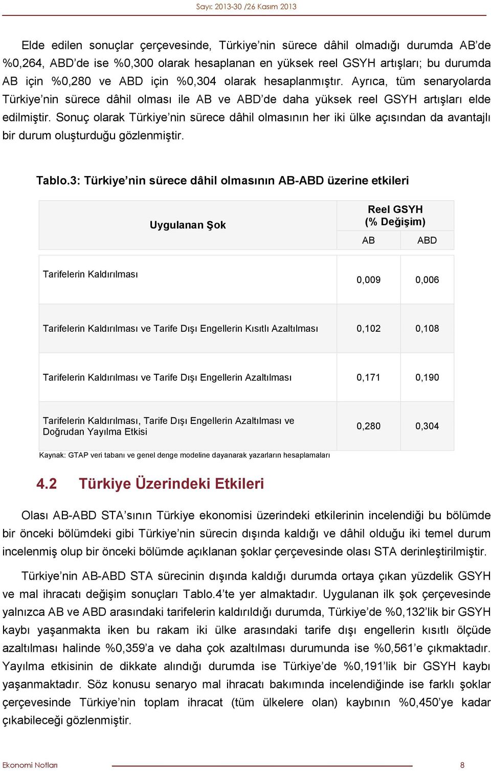 Sonuç olarak Türkiye nin sürece dâhil olmasının her iki ülke açısından da avantajlı bir durum oluşturduğu gözlenmiştir. Tablo.