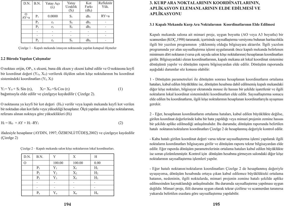 koordinatlarý (YÝ, XÝ) YÝ = YO + SÝ Sin (rý), XÝ= XO +SÝ Cos (rý) (1) baðýntýsýyla elde edilir ve çizelgeye kaydedilir ( Çizelge 2) O noktasýna ya keyfi bir kot deðeri (HO) verilir veya kapalý