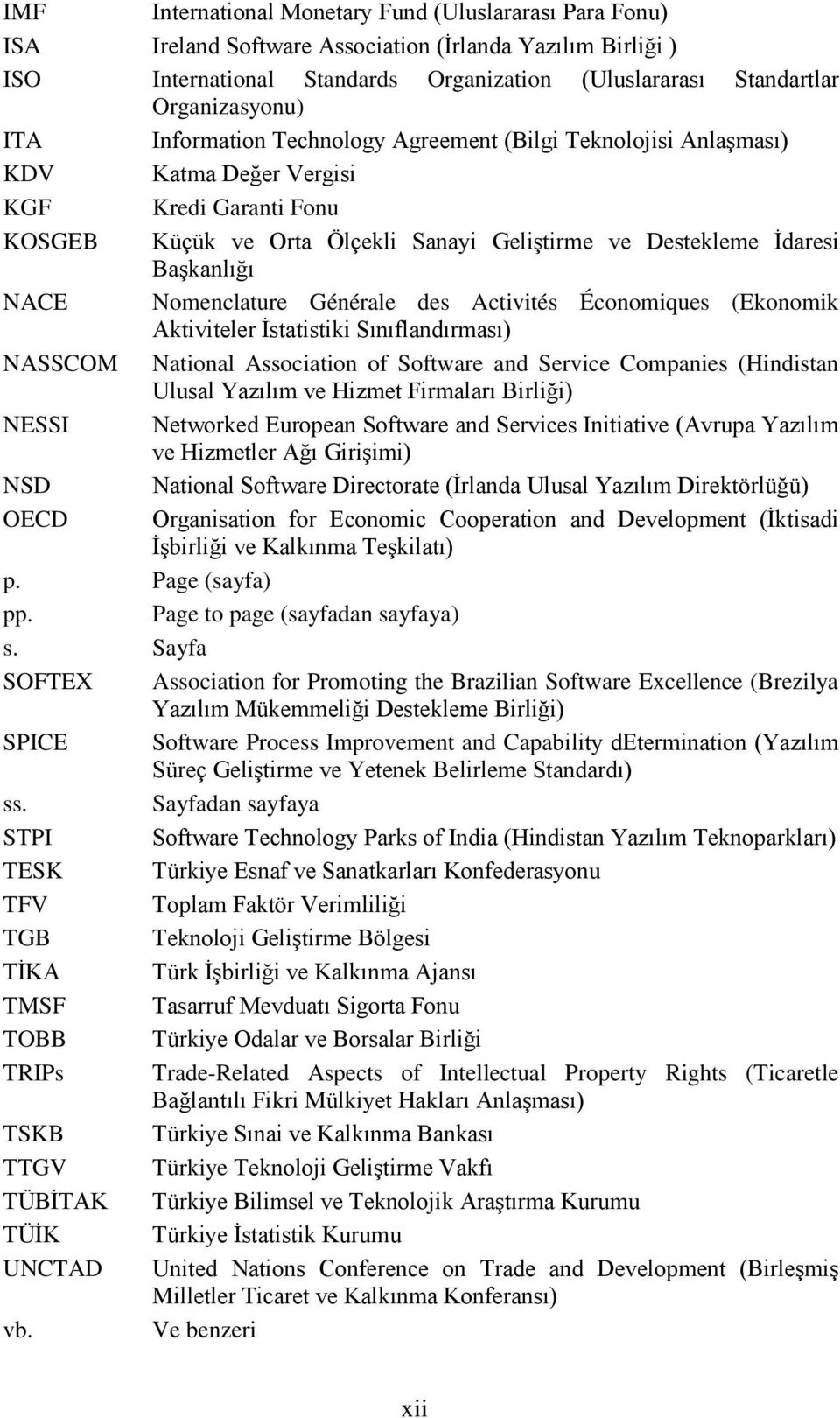 Nomenclature Générale des Activités Économiques (Ekonomik Aktiviteler Ġstatistiki Sınıflandırması) NASSCOM National Association of Software and Service Companies (Hindistan Ulusal Yazılım ve Hizmet