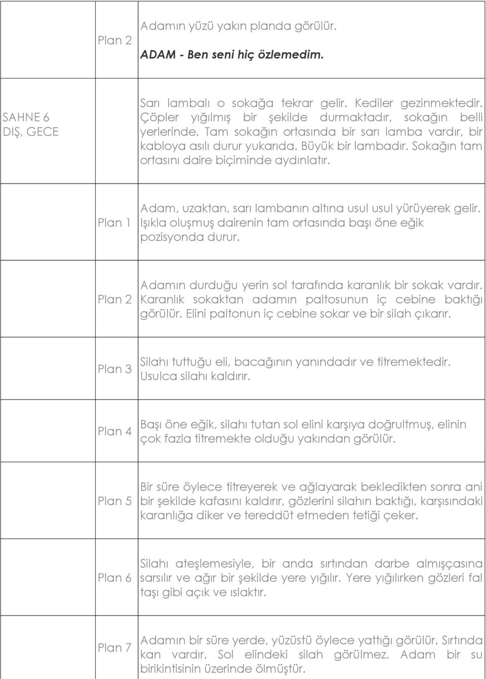 Adam, uzaktan, sarı lambanın altına usul usul yürüyerek gelir. Işıkla oluşmuş dairenin tam ortasında başı öne eğik pozisyonda durur. Adamın durduğu yerin sol tarafında karanlık bir sokak vardır.