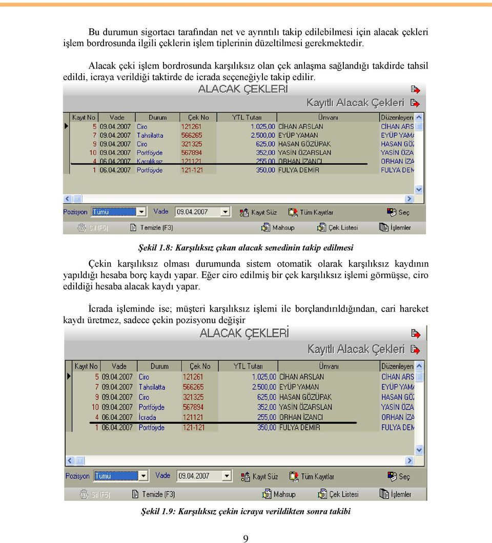 8: Karşılıksız çıkan alacak senedinin takip edilmesi Çekin karģılıksız olması durumunda sistem otomatik olarak karģılıksız kaydının yapıldığı hesaba borç kaydı yapar.