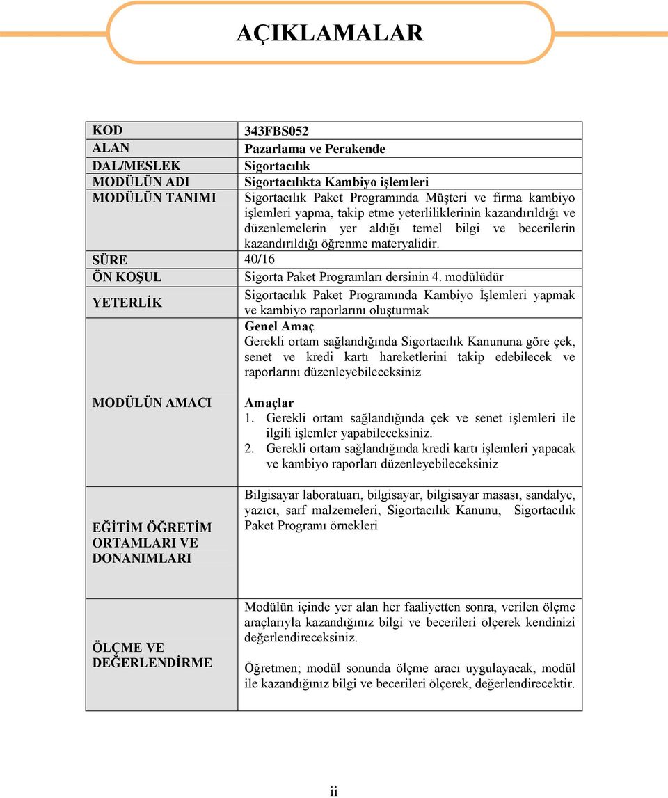 SÜRE 40/16 ÖN KOġUL Sigorta Paket Programları dersinin 4.