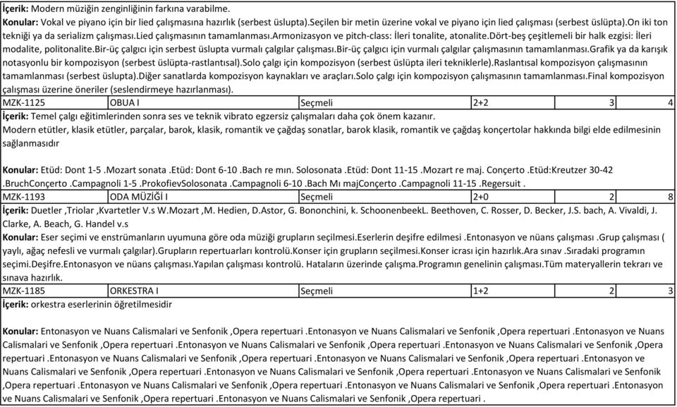 armonizasyon ve pitch-class: İleri tonalite, atonalite.dört-beş çeşitlemeli bir halk ezgisi: İleri modalite, politonalite.bir-üç çalgıcı için serbest üslupta vurmalı çalgılar çalışması.