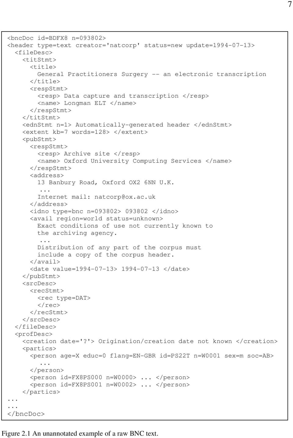 <pubstmt> <respstmt> <resp> Archive site </resp> <name> Oxford University Computing Services </name> </respstmt> <address> 13 Banbury Road, Oxford OX2 6NN U.K.... Internet mail: natcorp@ox.ac.