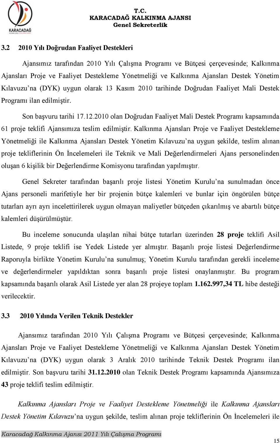 2010 olan Doğrudan Faaliyet Mali Destek Programı kapsamında 61 proje teklifi Ajansımıza teslim edilmiģtir.