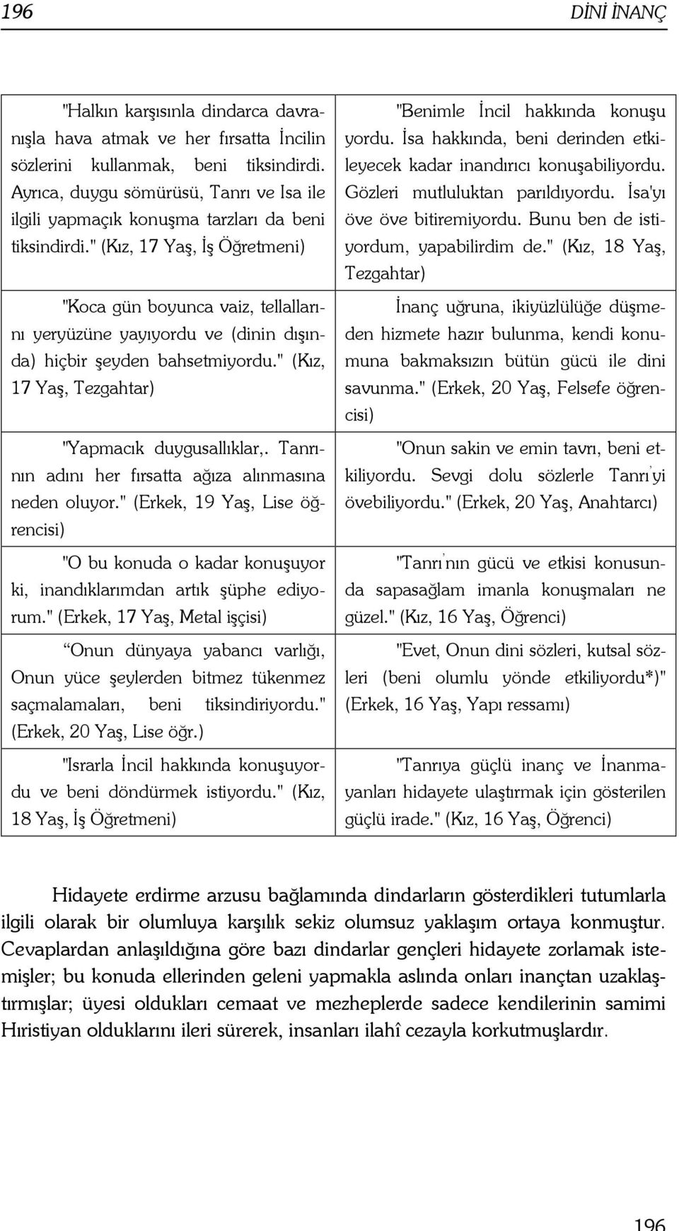 " (Kız, 17 Yaş, İş Öğretmeni) "Koca gün boyunca vaiz, tellallarını yeryüzüne yayıyordu ve (dinin dışında) hiçbir şeyden bahsetmiyordu." (Kız, 17 Yaş, Tezgahtar) "Yapmacık duygusallıklar,.