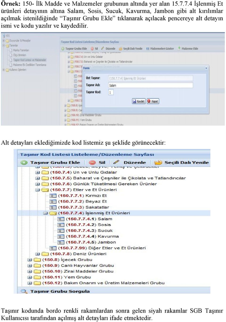 Taşınır Grubu Ekle tıklanarak açılacak pencereye alt detayın ismi ve kodu yazılır ve kaydedilir.