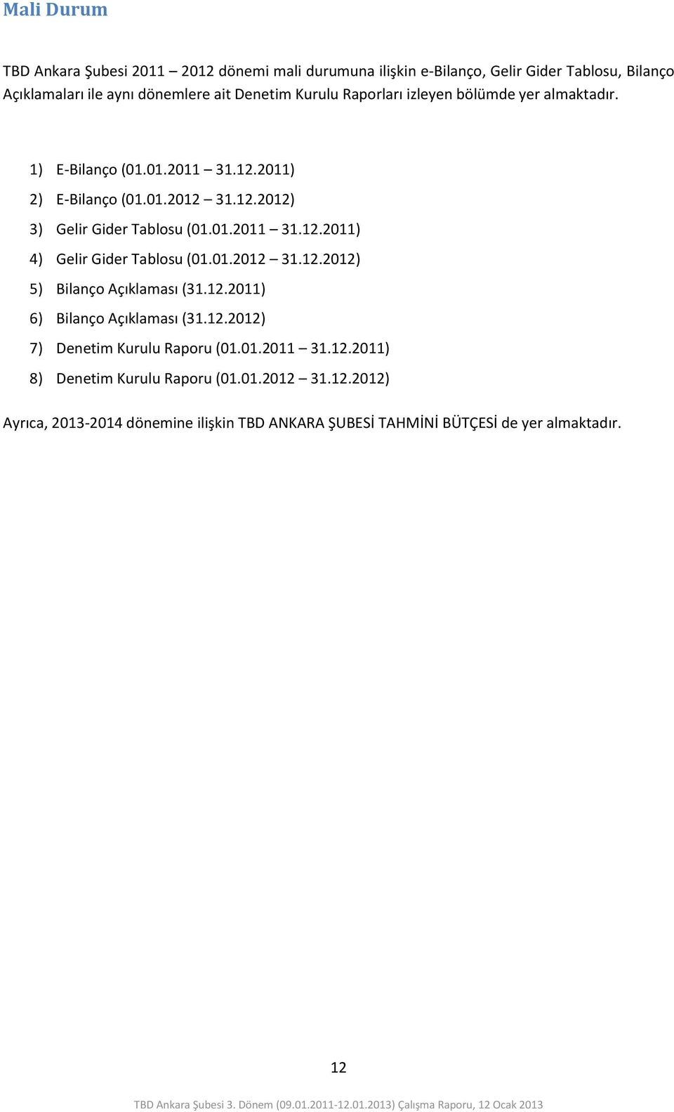 01.2012 31.12.2012) 5) Bilanço Açıklaması (31.12.2011) 6) Bilanço Açıklaması (31.12.2012) 7) Denetim Kurulu Raporu (01.01.2011 31.12.2011) 8) Denetim Kurulu Raporu (01.