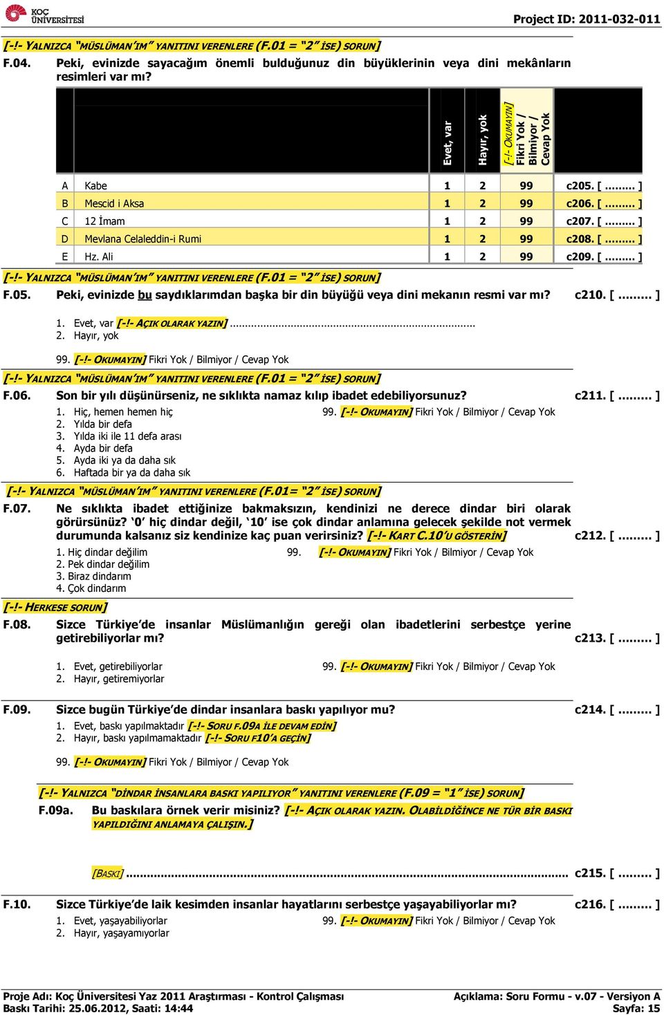 [ ] E Hz. Ali 1 2 99 c209. [ ] [-!- YALNIZCA MÜSLÜMAN IM YANITINI VERENLERE (F.01 = 2 İSE) SORUN] F.05. Peki, evinizde bu saydıklarımdan başka bir din büyüğü veya dini mekanın resmi var mı? c210.