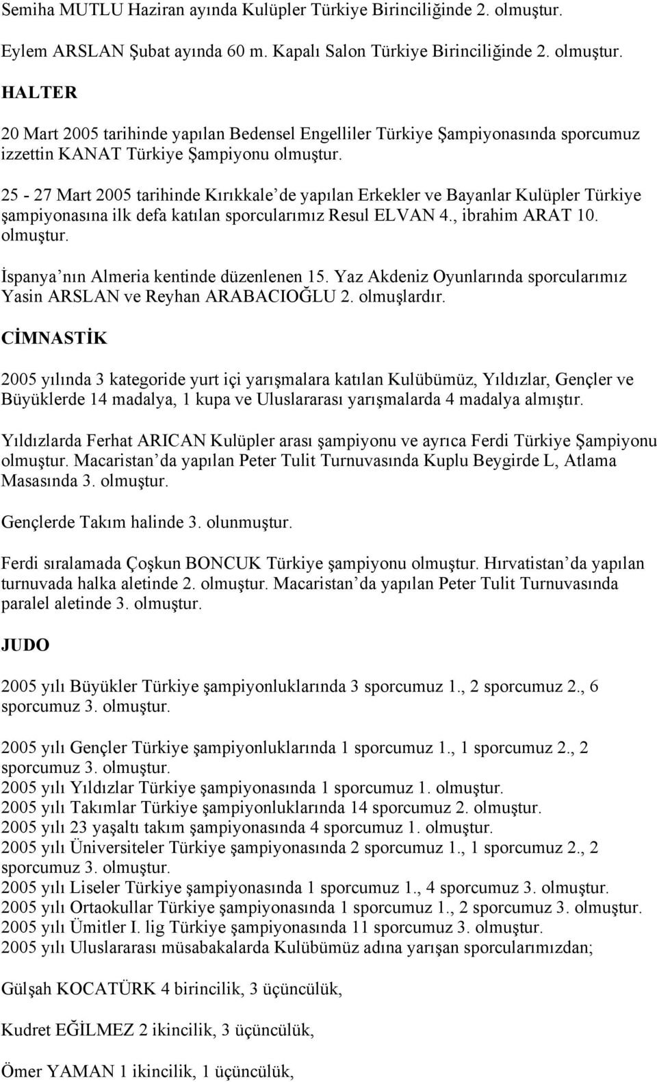 HALTER 20 Mart 2005 tarihinde yapılan Bedensel Engelliler Türkiye Şampiyonasında sporcumuz izzettin KANAT Türkiye Şampiyonu olmuştur.