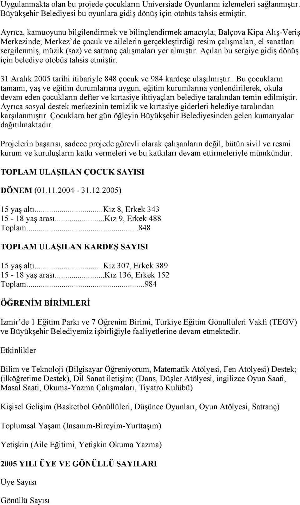 (saz) ve satranç çalışmaları yer almıştır. Açılan bu sergiye gidiş dönüş için belediye otobüs tahsis etmiştir. 31 Aralık 2005 tarihi itibariyle 848 çocuk ve 984 kardeşe ulaşılmıştır.