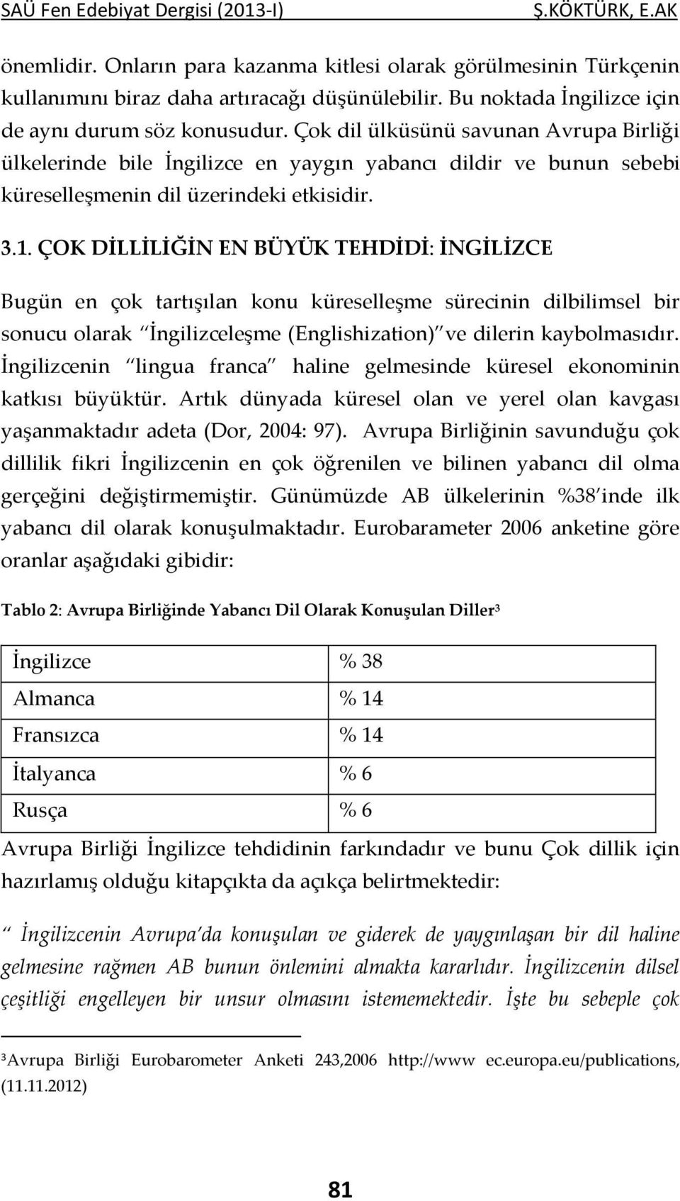 ÇOK DİLLİLİĞİN EN BÜYÜK TEHDİDİ: İNGİLİZCE Bugün en çok tartışılan konu küreselleşme sürecinin dilbilimsel bir sonucu olarak İngilizceleşme (Englishization) ve dilerin kaybolmasıdır.