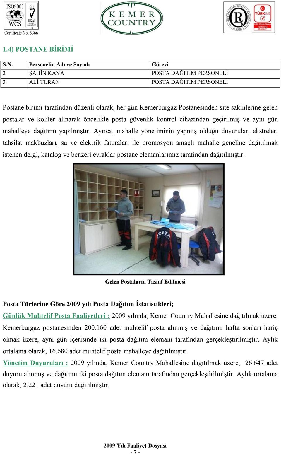 Personelin Adı ve Soyadı Görevi 2 ŞAHİN KAYA POSTA DAĞITIM PERSONELİ 3 ALİ TURAN POSTA DAĞITIM PERSONELİ Postane birimi tarafından düzenli olarak, her gün Kemerburgaz Postanesinden site sakinlerine