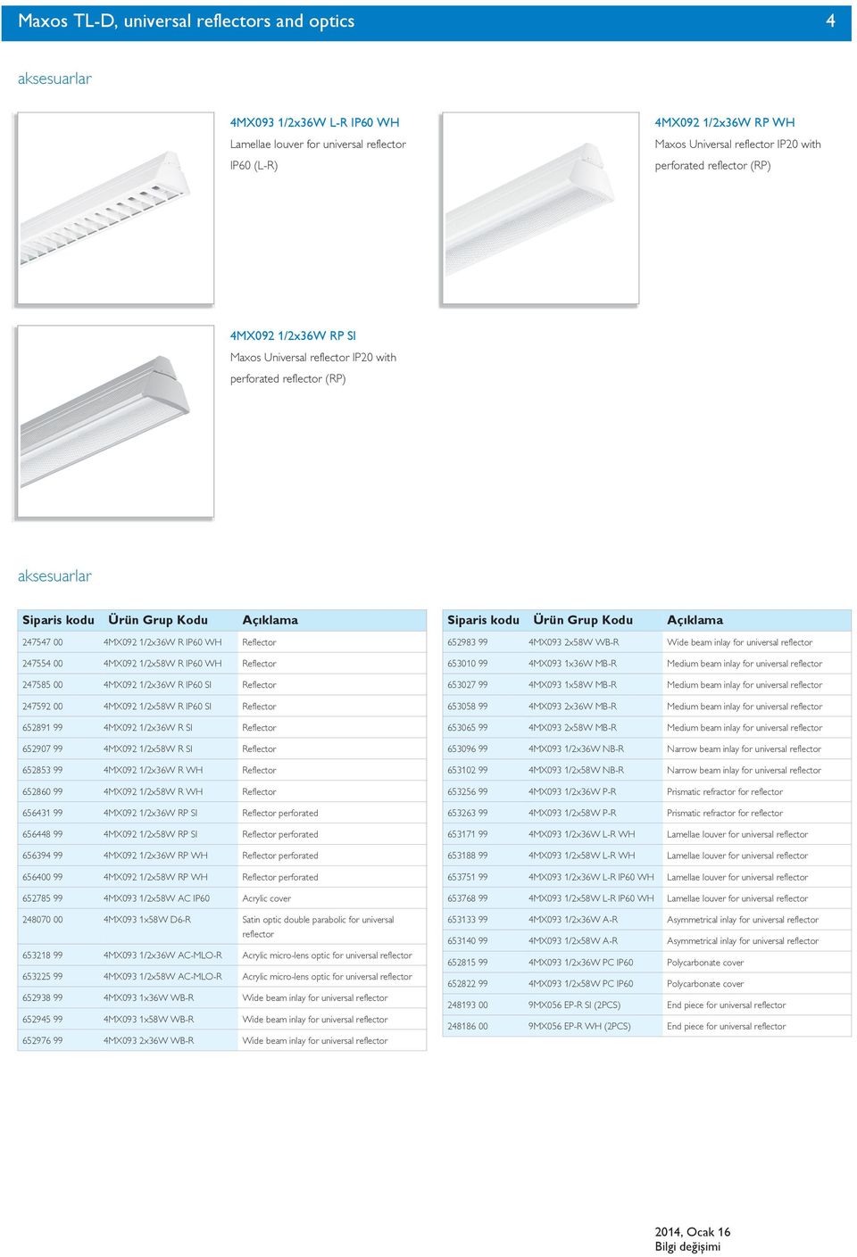 1/2x58W R IP60 WH Reflector 247585 00 4MX092 1/2x36W R IP60 SI Reflector 247592 00 4MX092 1/2x58W R IP60 SI Reflector 652891 99 4MX092 1/2x36W R SI Reflector 652907 99 4MX092 1/2x58W R SI Reflector