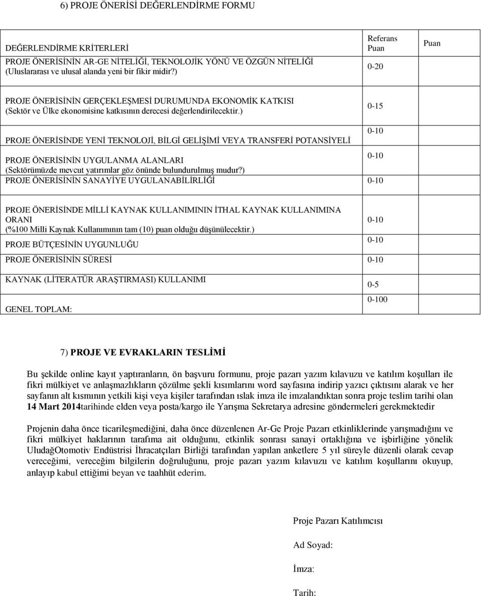 ) 0-15 0-10 PROJE ÖNERİSİNDE YENİ TEKNOLOJİ, BİLGİ GELİŞİMİ VEYA TRANSFERİ POTANSİYELİ 0-10 PROJE ÖNERİSİNİN UYGULANMA ALANLARI (Sektörümüzde mevcut yatırımlar göz önünde bulundurulmuş mudur?