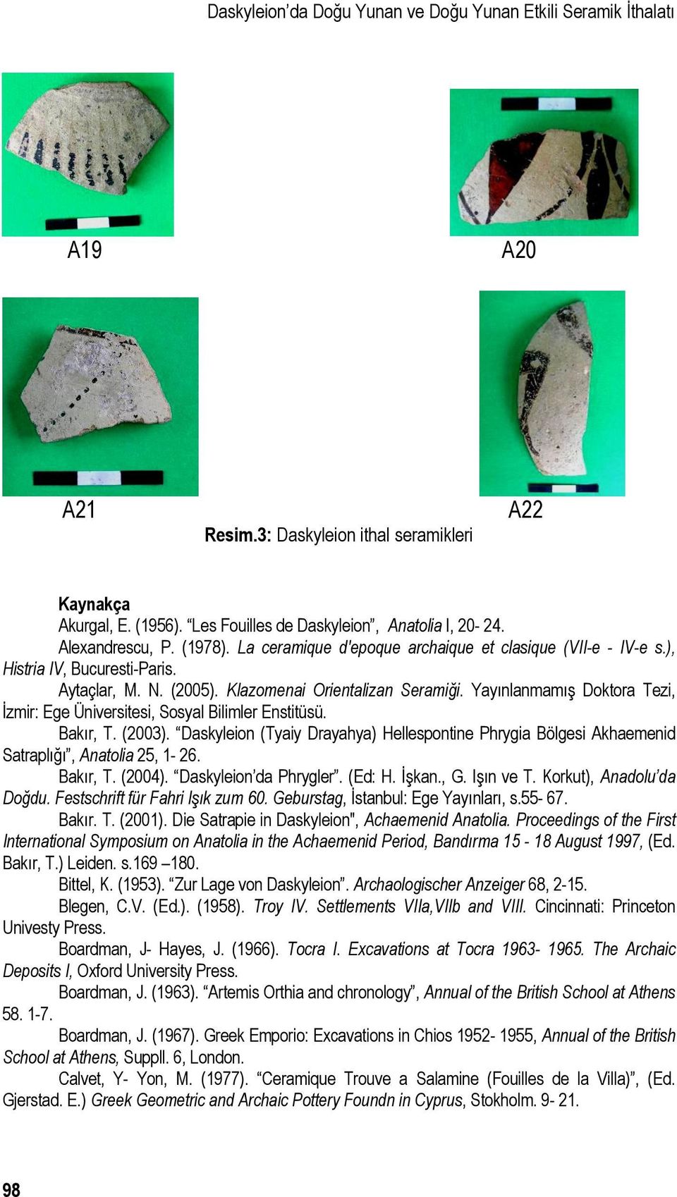 Yayınlanmamış Doktora Tezi, İzmir: Ege Üniversitesi, Sosyal Bilimler Enstitüsü. Bakır, T. (2003). Daskyleion (Tyaiy Drayahya) Hellespontine Phrygia Bölgesi Akhaemenid Satraplığı, Anatolia 25, 1-26.