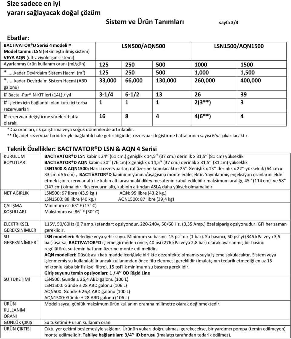 kadar Devirdaim Sistem Hacmi (ABD galonu) # Bacta -Pur N-KIT leri (14L) / yıl 3-1/4 6-1/2 13 26 39 1 1 1 2(3**) 3 # İşletim için bağlantılı olan kutu içi torba rezervuarları # rezervuar değiştirme