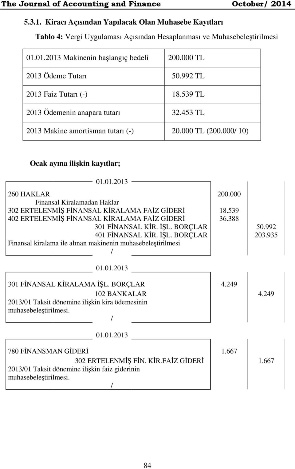 992 TL 2013 Faiz Tutarı (-) 18.539 TL 2013 Ödemenin anapara tutarı 32.453 TL 2013 Makine amortisman tutarı (-) 20.000 TL (200.000 10) Ocak ayına ilişkin kayıtlar; 260 HAKLAR 200.