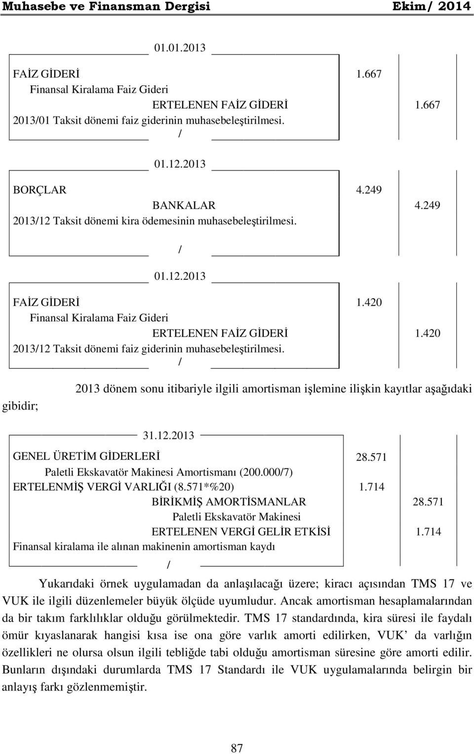 420 201312 Taksit dönemi faiz giderinin muhasebeleştirilmesi. gibidir; 2013 dönem sonu itibariyle ilgili amortisman işlemine ilişkin kayıtlar aşağıdaki 31.12.2013 GENEL ÜRETİM GİDERLERİ 28.