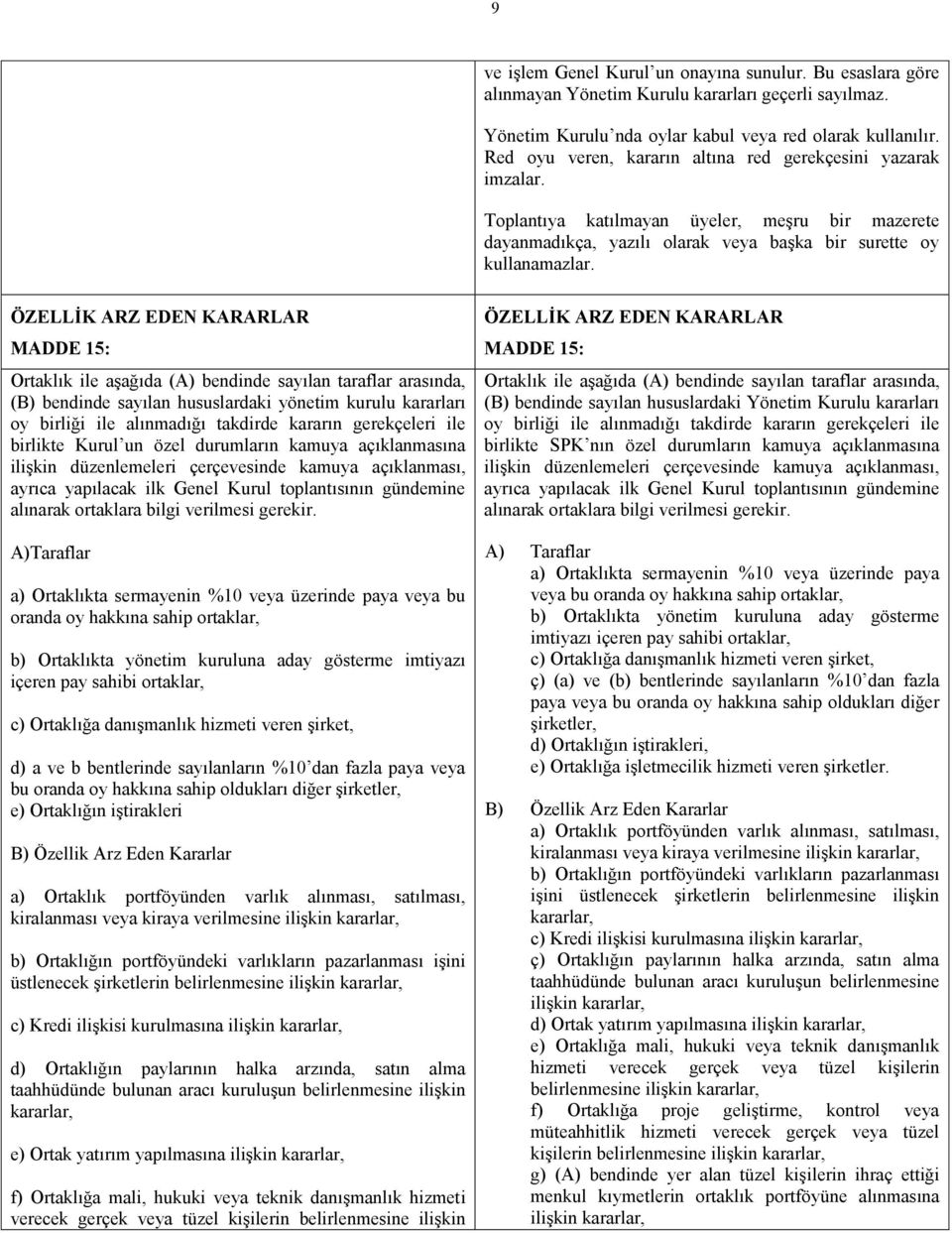 ÖZELLİK ARZ EDEN KARARLAR MADDE 15: Ortaklık ile aşağıda (A) bendinde sayılan taraflar arasında, (B) bendinde sayılan hususlardaki yönetim kurulu kararları oy birliği ile alınmadığı takdirde kararın