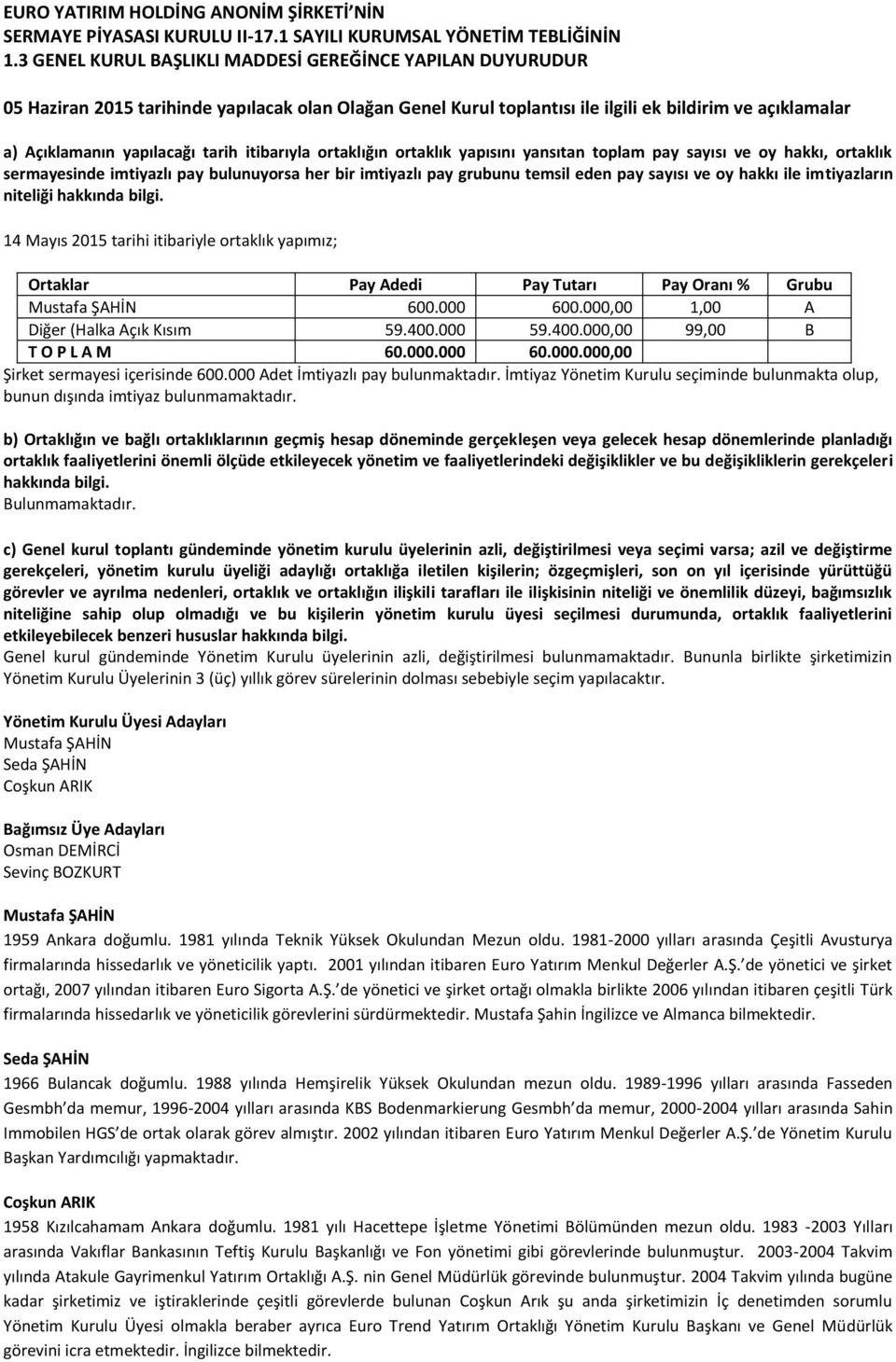 itibarıyla ortaklığın ortaklık yapısını yansıtan toplam pay sayısı ve oy hakkı, ortaklık sermayesinde imtiyazlı pay bulunuyorsa her bir imtiyazlı pay grubunu temsil eden pay sayısı ve oy hakkı ile