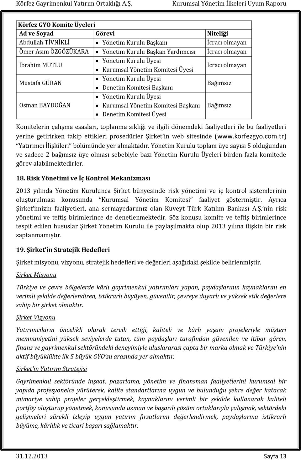 Üyesi İcracı olmayan Bağımsız Bağımsız Komitelerin çalışma esasları, toplanma sıklığı ve ilgili dönemdeki faaliyetleri ile bu faaliyetleri yerine getirirken takip ettikleri prosedürler Şirket in web