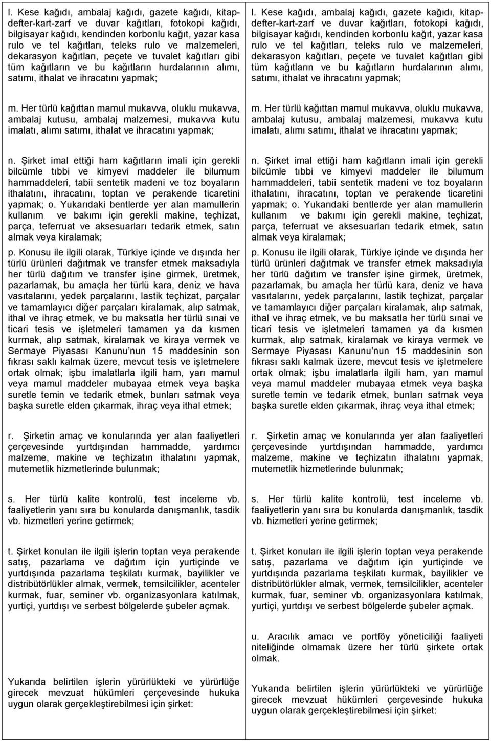 peçete ve tuvalet kağıtları gibi tüm kağıtların ve bu kağıtların hurdalarının alımı, satımı, ithalat ve ihracatını yapmak; m.